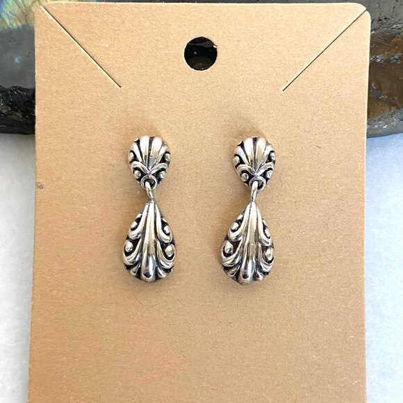 Sterling Silver 925 1" Scrollwork Dot Teardrop Pierced Dangle Drop Earrings - Picture 13 of 16